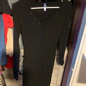 XHILARATION Black Ribbed Long Sleeve Midi Dress